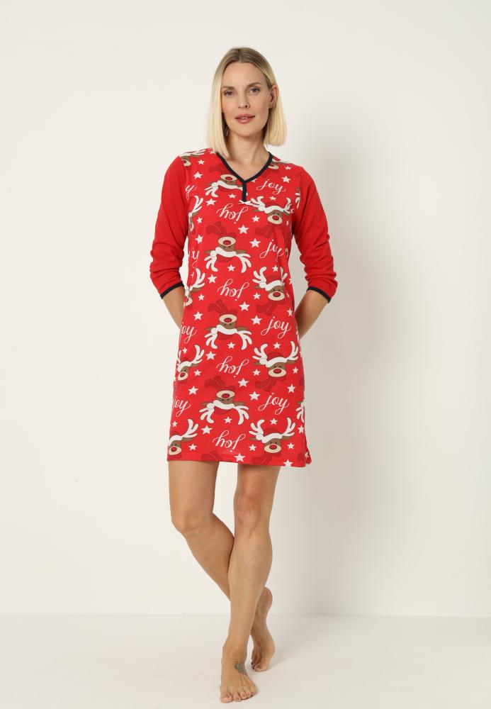 Camasa de noapte Craciun,imprimeu reni,culoare rosu ,En-gros